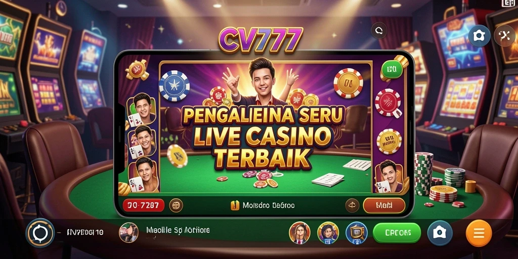 Screenshot gameplay CV777 menampilkan dealer cantik dan suasana kasino langsung.