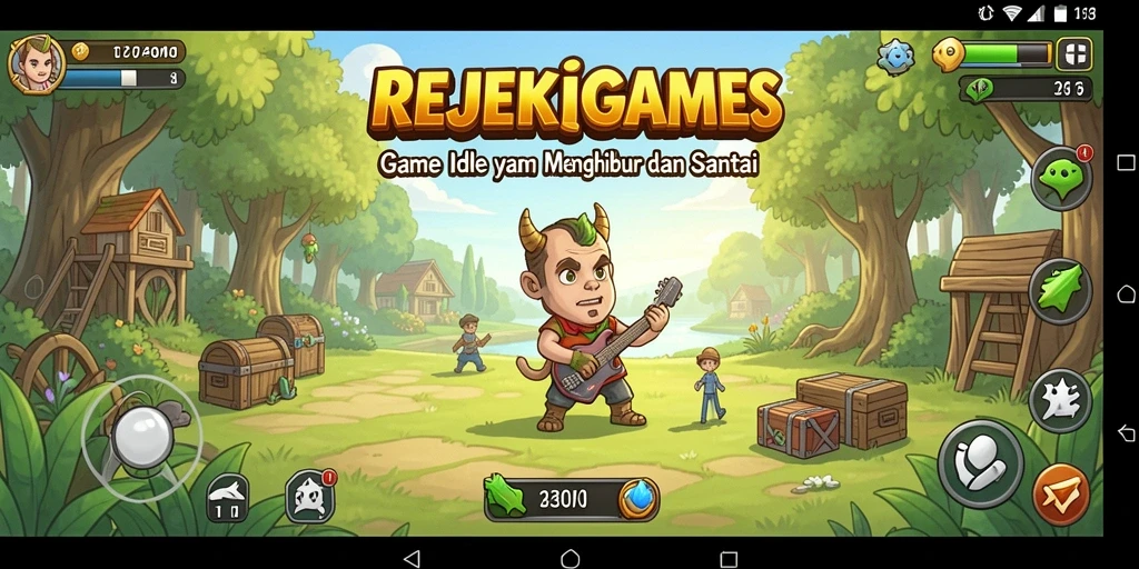 Screenshot utama gameplay REJEKIGAMES yang menunjukkan elemen Idle yang menenangkan.