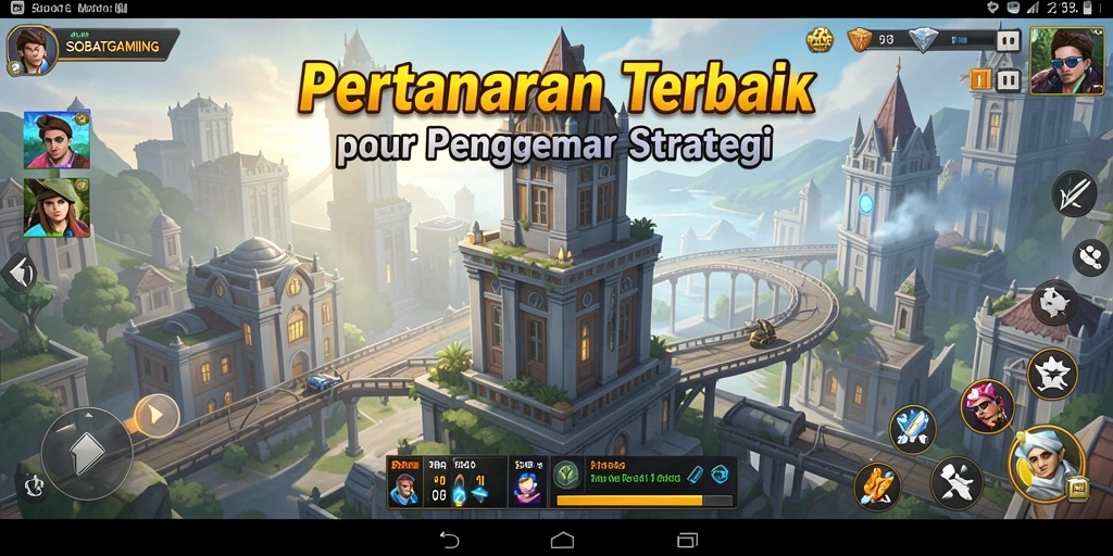 Screenshot gameplay SOBATGAMING menampilkan serangan menara melawan gelombang musuh.