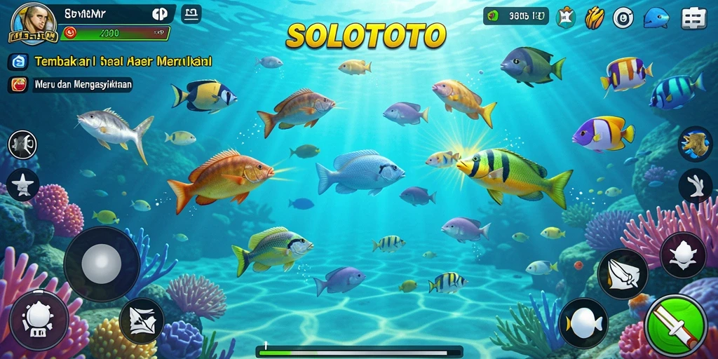 Tampilan gameplay SOLOTOTO yang menggembirakan saat memburu ikan.